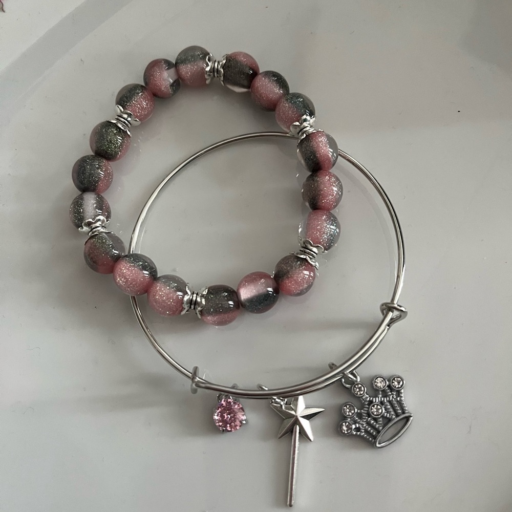 Wicked Glinda Pink and Silver Beaded Charm Bracelet Set Handmade